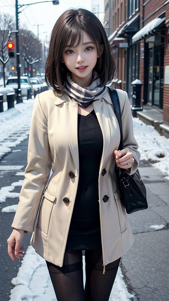wide pelvis, Creamy smooth skin, (Masterpiece, best quality, high resolution, Extremely detailed, Detailed background, Delicate eyes, Beautiful face:1.2), 1girl huge breasts, Solitary, White hair, Short straight hair, Bangs, Gray eyes, flat chest, Willow Waist, Pale skin, , outdoor, street, winter, snow, , winter uniform, white winter coat, White scarf, bag, Black Legwear, Pantyhose, open mouth, Smile, Happy, View Viewer, Cowboy shooting,