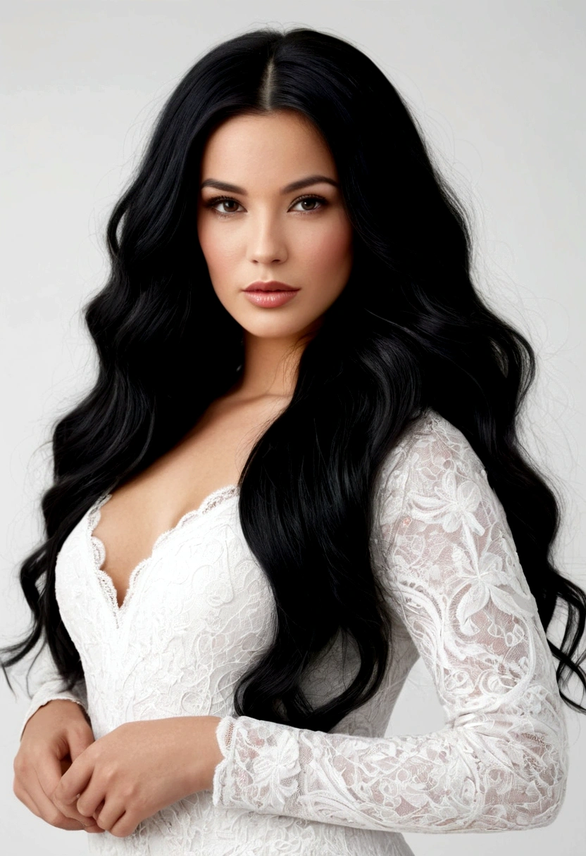 Beautiful woman with black hair , Long wavy hair, white image background