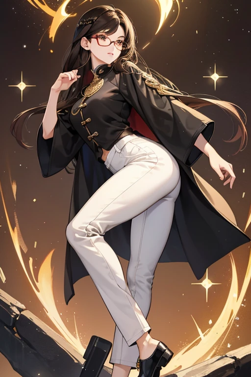 she has short dark brown hair with long bangs combed over to the side. sHe has golden eyes, wearing glasses with square curved lenses, and thin eyebrows. sHe wears a long black changshan (or "changpao") with white pants and dark shoes.  SPARKLE; GLITTER