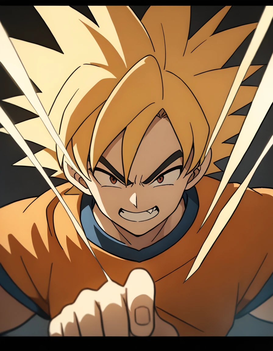 1boy, Goku (Dragon Ball), super saiyan, close-up, cinematic angle, foreshortening, dark, dark background, (best quality, 4k, 8k,highres,masterpiece:1.2) ,ultra-detailed ,dramatic lighting ,chiaroscuro, dynamic composition,powerful energy aura, intense expression