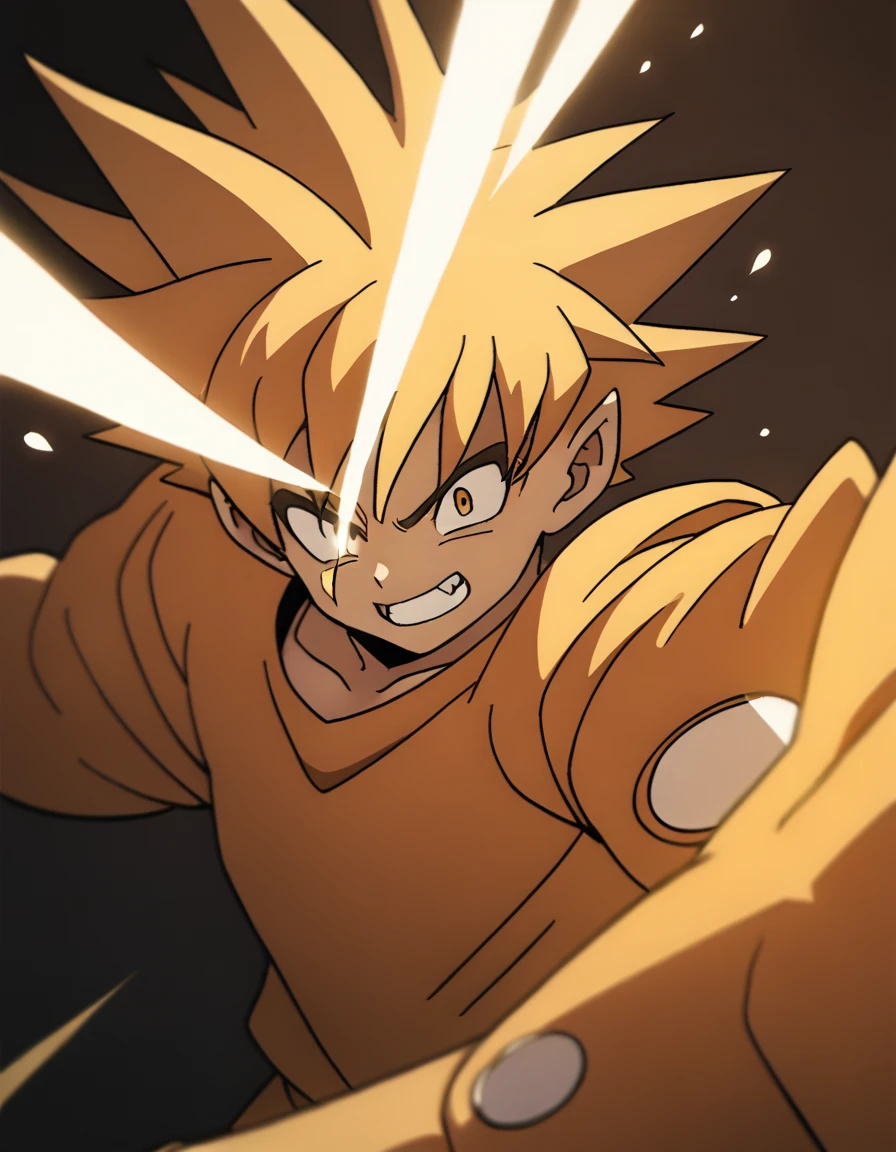 1boy, Goku (Dragon Ball), super saiyan, close-up, cinematic angle, foreshortening, dark, dark background, (best quality, 4k, 8k,highres,masterpiece:1.2) ,ultra-detailed ,dramatic lighting ,chiaroscuro, dynamic composition,powerful energy aura, intense expression