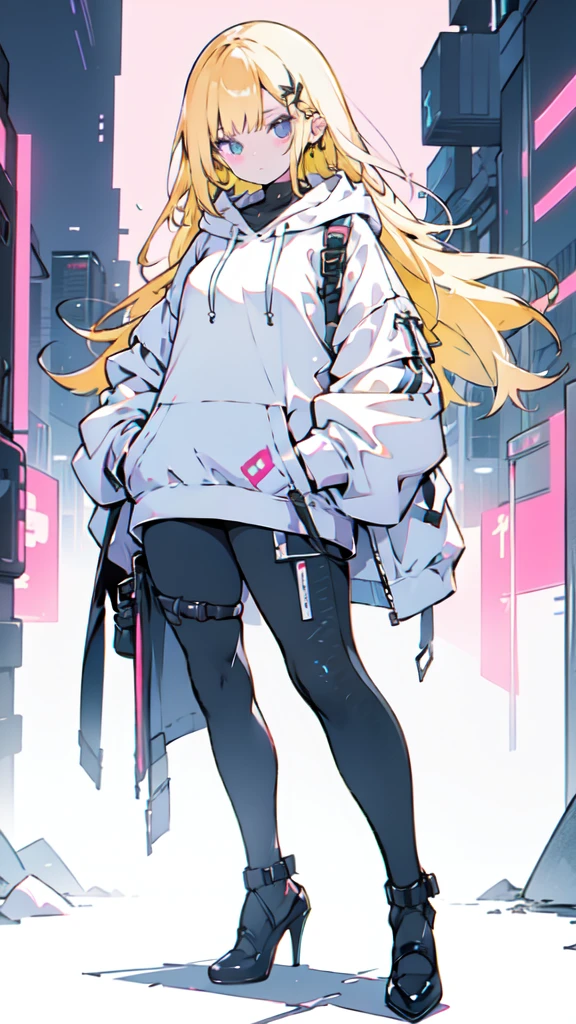 a girl with long yellow hair, blue eyes, wearing an orange hoodie and black heels, in a cyberpunk setting with her hand in her pocket, pink background