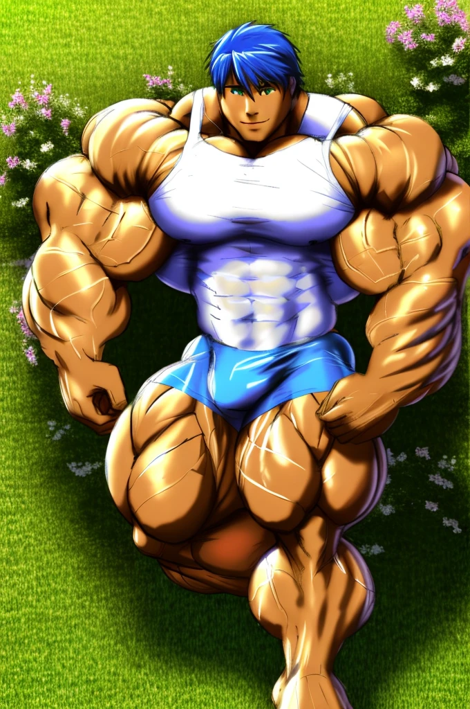 muscular boy , alone , erotic , lying down, garden , soft shading, standing , mbbbbb , smile , blue hair, green eyes ,() , white sleeveless shirt and blue shorts, hyper muscle, Huge muscle , bigs pecs muscle, bigs muscles , muscular thighs, muscular glutes, muscular legs masive muscles , ass muscle, light skin color white , Prince muscle , is waiting in the garden , macro muscle , muscle growth , too many muscles , yaoi , gay , Prince boy