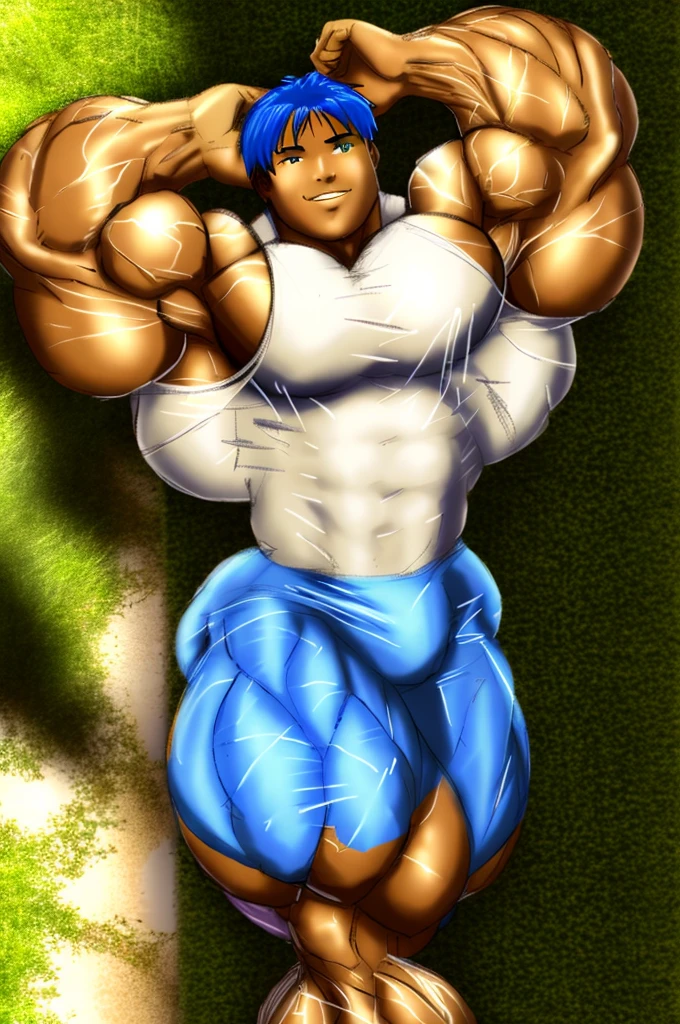 muscular boy , alone , erotic , lying down, garden , soft shading, standing , mbbbbb , smile , blue hair, green eyes ,() , white sleeveless shirt and blue shorts, hyper muscle, Huge muscle , bigs pecs muscle, bigs muscles , muscular thighs, muscular glutes, muscular legs masive muscles , ass muscle, light skin color white , Prince muscle , is waiting in the garden , macro muscle , muscle growth , too many muscles , yaoi , gay , Prince boy