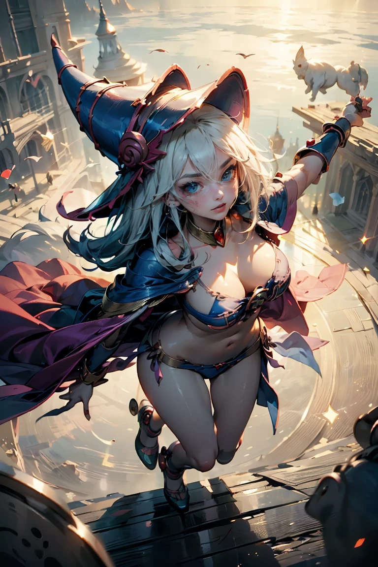 (Masterpiece:1.2), (The best quality:1.2), perfect lighting, Dark Magician Girl casting a spell, floating in the air, big tits, neckline, magic background. Transparent hearts in the air, blue robe, big hat, From above, sparkles, Yugioh Card in the background. In heels and a bikini 
