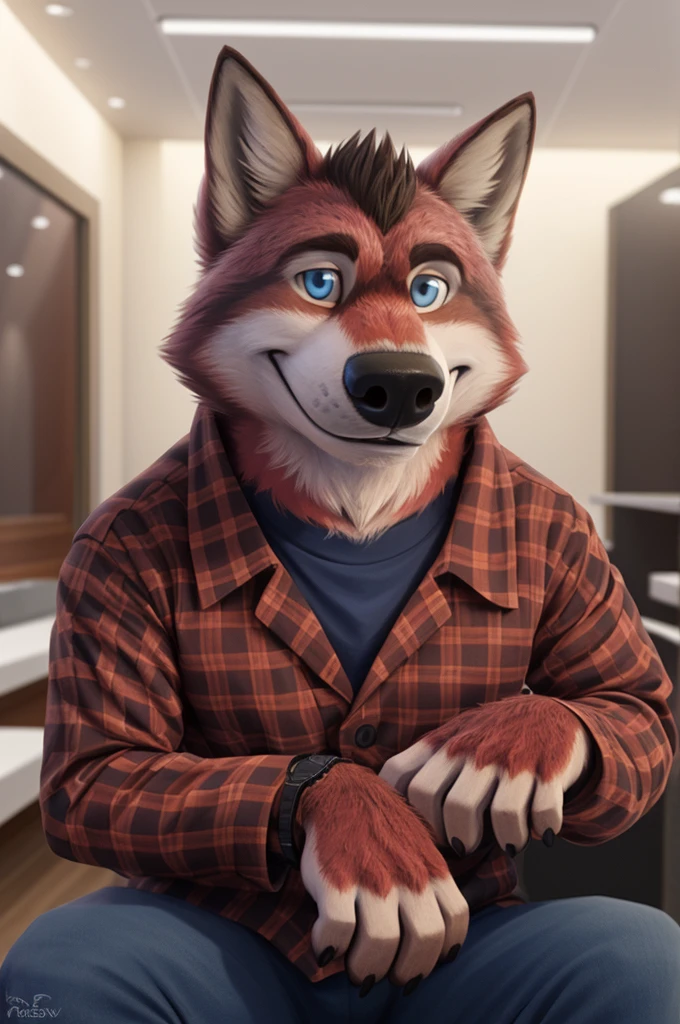 Ivan Fedorovich Wolfbach (Novosibirsk) ,tall handsome, wolf,young, 24 years, brown fur,Kind,(red body:1.3),beautiful blue eyes,Novosibirsk,dressed, plaid shirt, jeans,canine, wolf, detailed fur, male, second, paw pads, finger claws,At the viewer, 5 fingers, paws, 5 fingers, smile, wrist watch, т nextel,by xenoforge, (difficult, high detail, digital photography, soft focus, RAW,goes for a walk, ,Very close to the camera, variety,Novosibirsk, smile, good mood, positive, Very close to the camera, plaid shirt, At the hairdresser, without hair, covered,
Photorealism, realistic, photorealistic, digital style, Subsurface scattering,I look at the viewer,is sitting, looks at the mirror, men's cosmetics, perfume perfumery, plaid shirt, cuts his hair,
masterpiece, Best quality, ultra realistic, 8 thousand.)