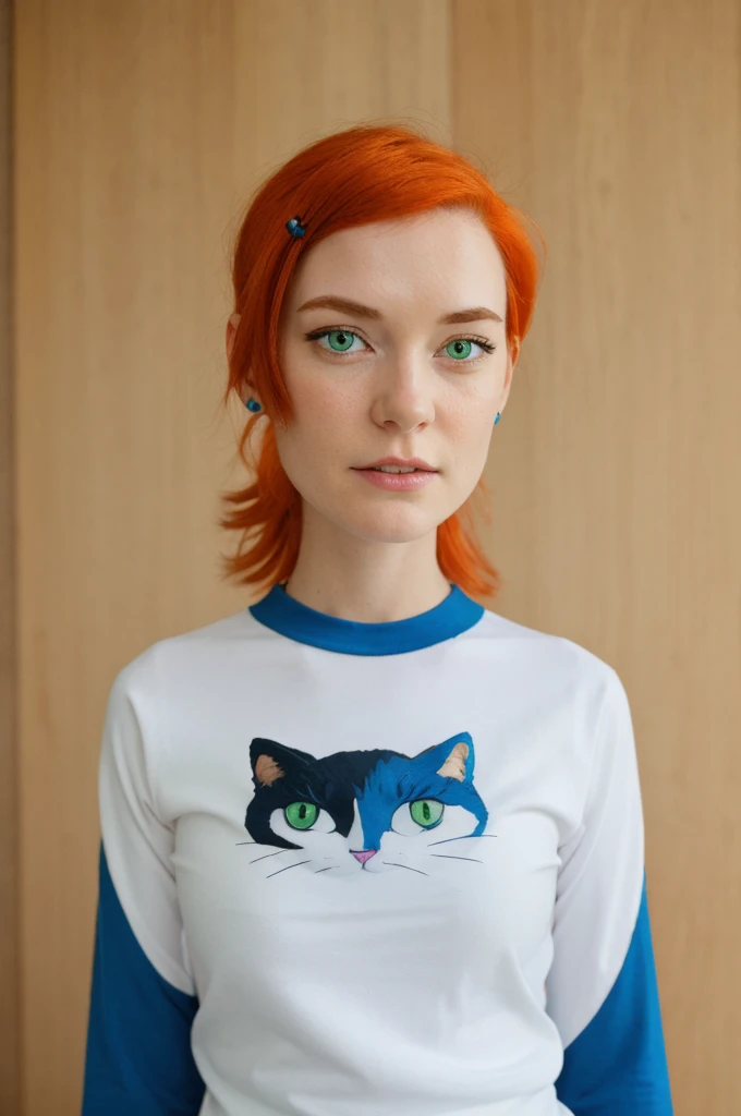 Gwen Tennyson, wide-shot, a woman, depth of field, business woman, redhead, green eyes, Blue long-sleeved t-shirt with a white cat emblem in the middle, blue hairclip

