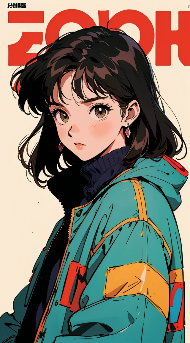 Best image quality, 90s style anime, 21 year old girl, Black Hair, Long Hair, Light brown eyes, Wearing a loose parka, 90s fashion,  White Background, (Magazine Cover), 