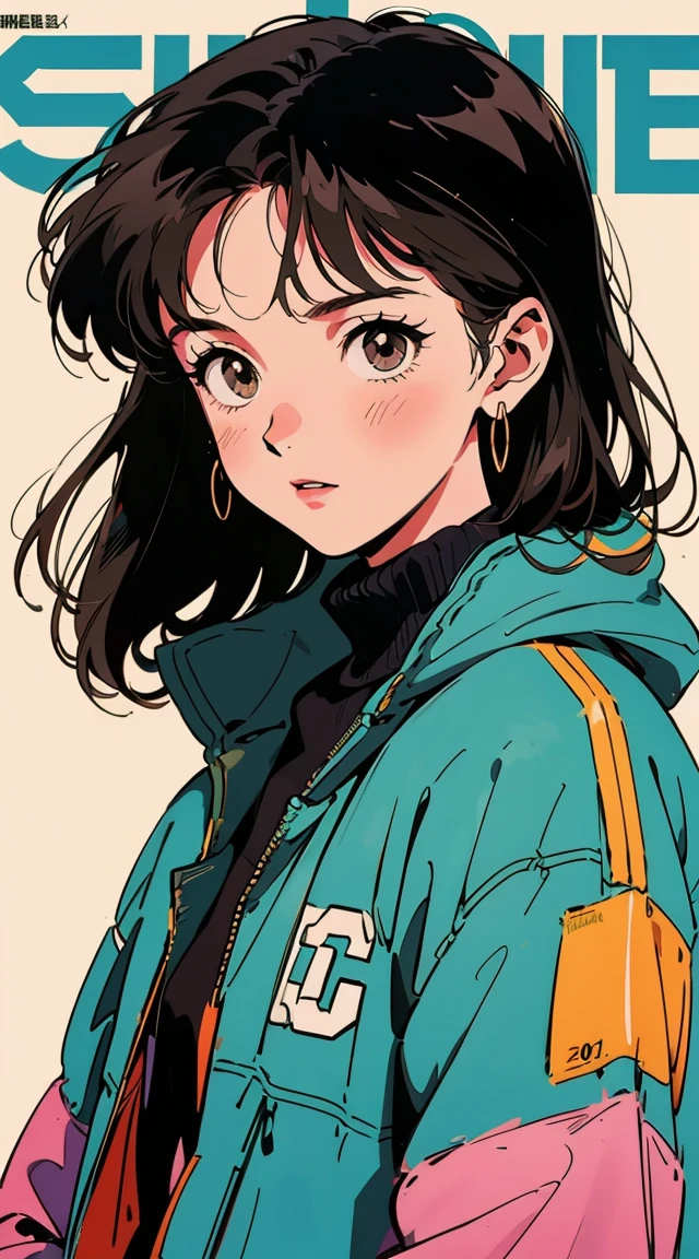 Best image quality, 90s style anime, 21 year old girl, Black Hair, Long Hair, Light brown eyes, Wearing a loose parka, 90s fashion,  White Background, (Magazine Cover), 