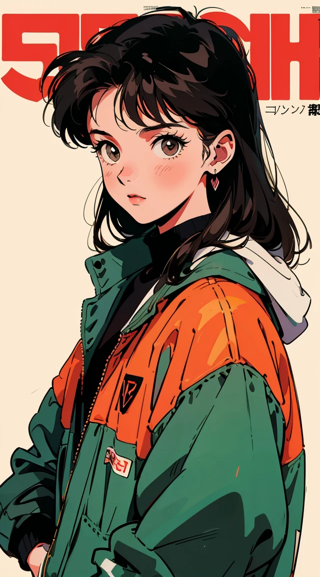 Best image quality, 90s style anime, 21 year old girl, Black Hair, Long Hair, Light brown eyes, Wearing a loose parka, 90s fashion,  White Background, (Magazine Cover), 
