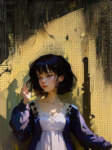there is a woman in a purple dress standing in front of a yellow wall, inspired by Mead Schaeffer, an expressive digital painting, stylised painting, artwork in the style of guweiz, inspired by Gao Cen, digital anime illustration, inspired by Johann Kaspar Füssli, portrait of a starving ai artist, inspired by Shinoda Toko