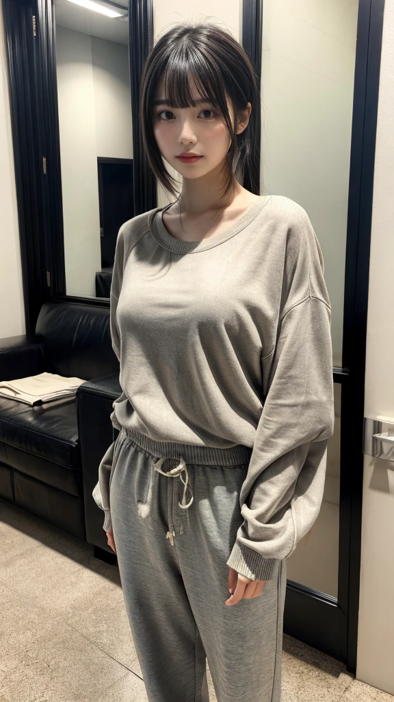 masterpiece, Best Quality, 8K, 20 yo, huge breasts, cuddly, Solo, sad, Cute, Girly, Delicate girl, Neat and clean beauty, Raw photo, Professional Photography, Portrait, full body, front view, perfect body shape, Sophisticated, Film grain, (Eyes and faces with detailed:1.0), ponytail, short length floating hair, beautiful flowing hair, bangs, Oversized Sweatpants