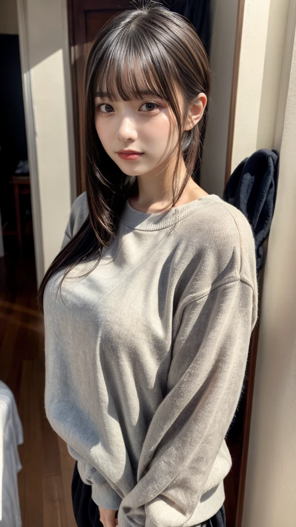 masterpiece, Best Quality, 8K, 20 yo, huge breasts, cuddly, Solo, sad, Cute, Girly, Delicate girl, Neat and clean beauty, Raw photo, Professional Photography, Portrait, full body, front view, perfect body shape, Sophisticated, Film grain, (Eyes and faces with detailed:1.0), ponytail, short length floating hair, beautiful flowing hair, bangs, Oversized Sweatpants