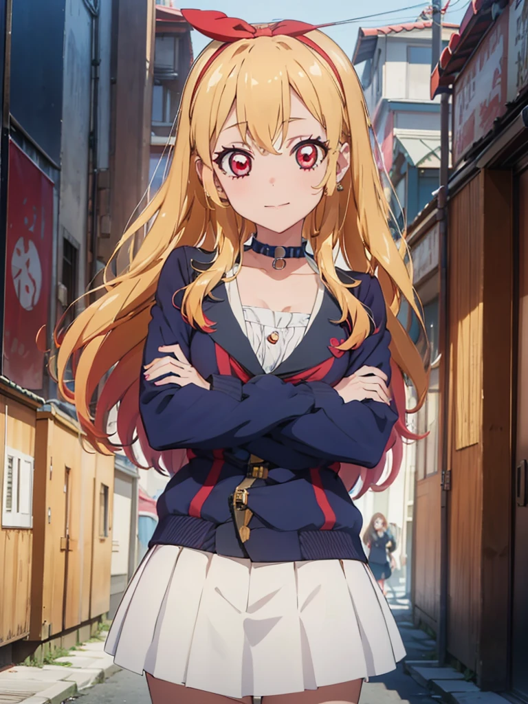 aikatsu,Blonde_HAIR,hoshimiya ichigo,hight resolution, absurdres, best_Quality, Ultra_Detailled, 8K, extremely_clear, photo, beautiful, Beautiful face, Scharp Focus, HDR, 1girl, Clean eyes, very wide-eyed,cyberpunk megacity background , hanabi, Beautiful face, very red areola, standing , very seductive pose, very young, teen, no bra, bare chest, No Top, NSFW, Blond long hair with red ends, pierced ears, marin kitagawa, clothes lift, skirt lift,
