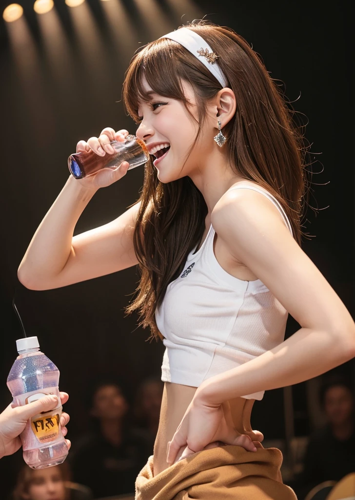 profile、Turned around、Butt,Flat Chest、(Slim body)、((Slim body))、Long Hair,Straight Bangs,Embarrassing,masterpiece,diamond、Earrings,background of fantasy,(((Brown Hair)))、 hair ornaments,Headband,Brown Hair, White T-shirt、hot pants、Drink a sports drink、Sports drink in hand、Sports towel draped over shoulders、Bring a sports towel、Perfect lighting, Extremely detailed CG, (Perfect hands, Perfect Anatomy),Laughing with your mouth open、Concert Venues、live house、stage、Cowboy Shot、