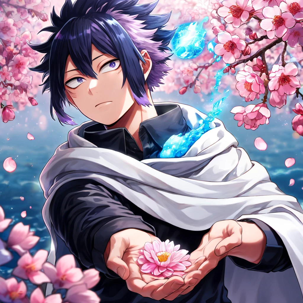 absurdres, highres, ultra detailed, HDR, master piece, Amajiki Tamaki, messy indigo hair, expressive indigo eyes, white cape with a hoddie, Boku No Hero Academia, black clothes, sexy man, handsome, best quality, blossoms, pink petals, pink flowers, water, fantasy, magical, blue shining fireflies, solo, magic