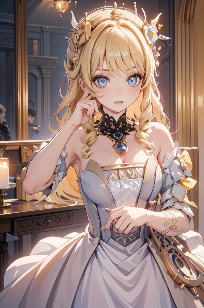 masterpiece、Highest quality、Ultra-detailed、Beautiful lighting、[[Thin fingers and hands:0.55]::0.85],(Finger details)、Blonde、White Dress、noble、palace