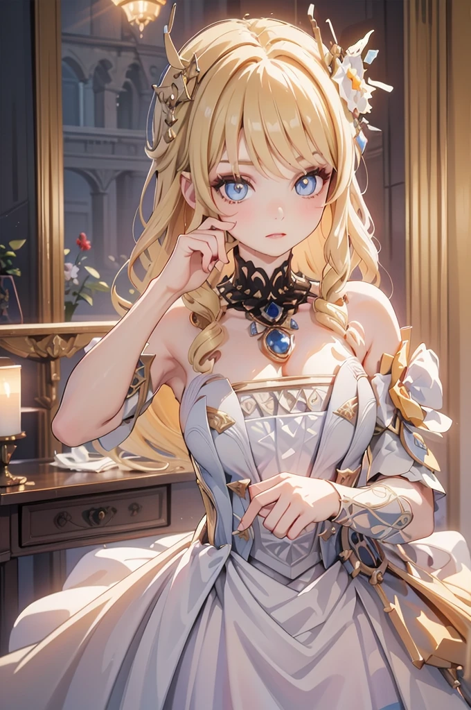 masterpiece、Highest quality、Ultra-detailed、Beautiful lighting、[[Thin fingers and hands:0.55]::0.85],(Finger details)、Blonde、White Dress、noble、palace