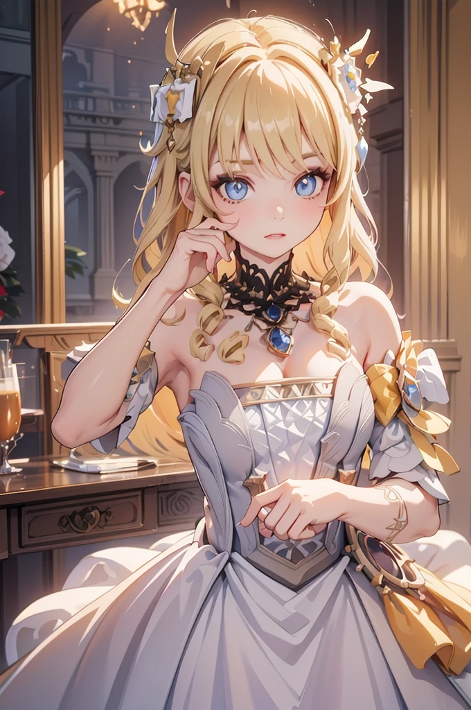 masterpiece、Highest quality、Ultra-detailed、Beautiful lighting、[[Thin fingers and hands:0.55]::0.85],(Finger details)、Blonde、White Dress、noble、palace