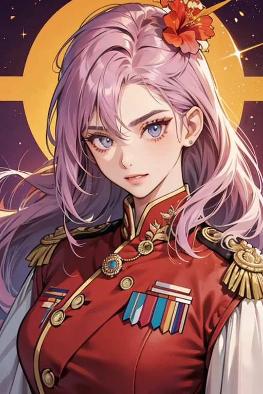 she has mauve-colored hair with slightly short mullet reaching her shoulder. Her hair is spiky which resembles a tiger . Her eyes color similar to sunset hue.

sHe wears a Royal Malay Regiment uniform with medals and Hibiscus flower on her chest. sHe is also shown having a fang tooth up-close. SPARKLE; GLITTER