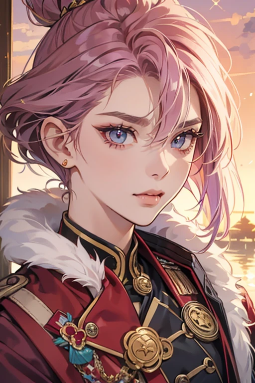 she has mauve-colored hair with slightly short mullet reaching her shoulder. Her hair is spiky which resembles a tiger . Her eyes color similar to sunset hue.
sHe wears a Royal Malay Regiment uniform with medals and Hibiscus flower on her chest. sHe is also shown having a fang tooth up-close. SPARKLE; GLITTER