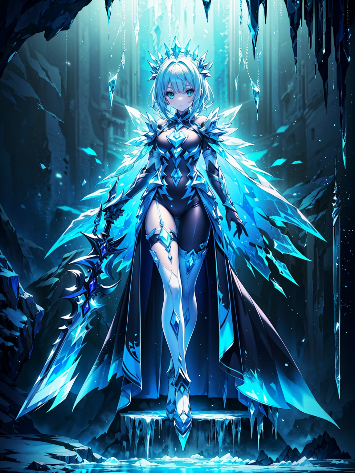 (((masterpiece, best quality, high detailed, 8k))) Design a layout showcase Gaming character, (1girl). White+Teal full body armor, stylish and unique. ((showcase weapon:1.4)), ice spear. (masterpiece:1.2), (best quality), 4k, ultra-detailed. (Step by step design, layout art:1.5), (luminous lighting, atmospheric lighting). ice queen, ((glove full hands)), (((revealing clothes:1.3))), vambraces, armored legwear, (((full_body_shot:1.4))). {In an icy cavern}.