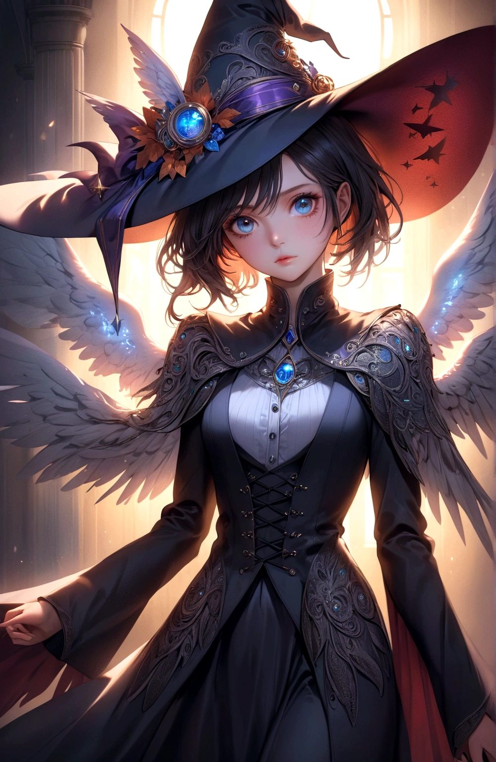 a beautiful woman with a witch's hat, angel wings, detailed face, beautiful eyes, high quality, detailed skin, detailed clothing, dramatic lighting, fantasy digital art, cinematic, dramatic colors, ethereal, glowing, mystical