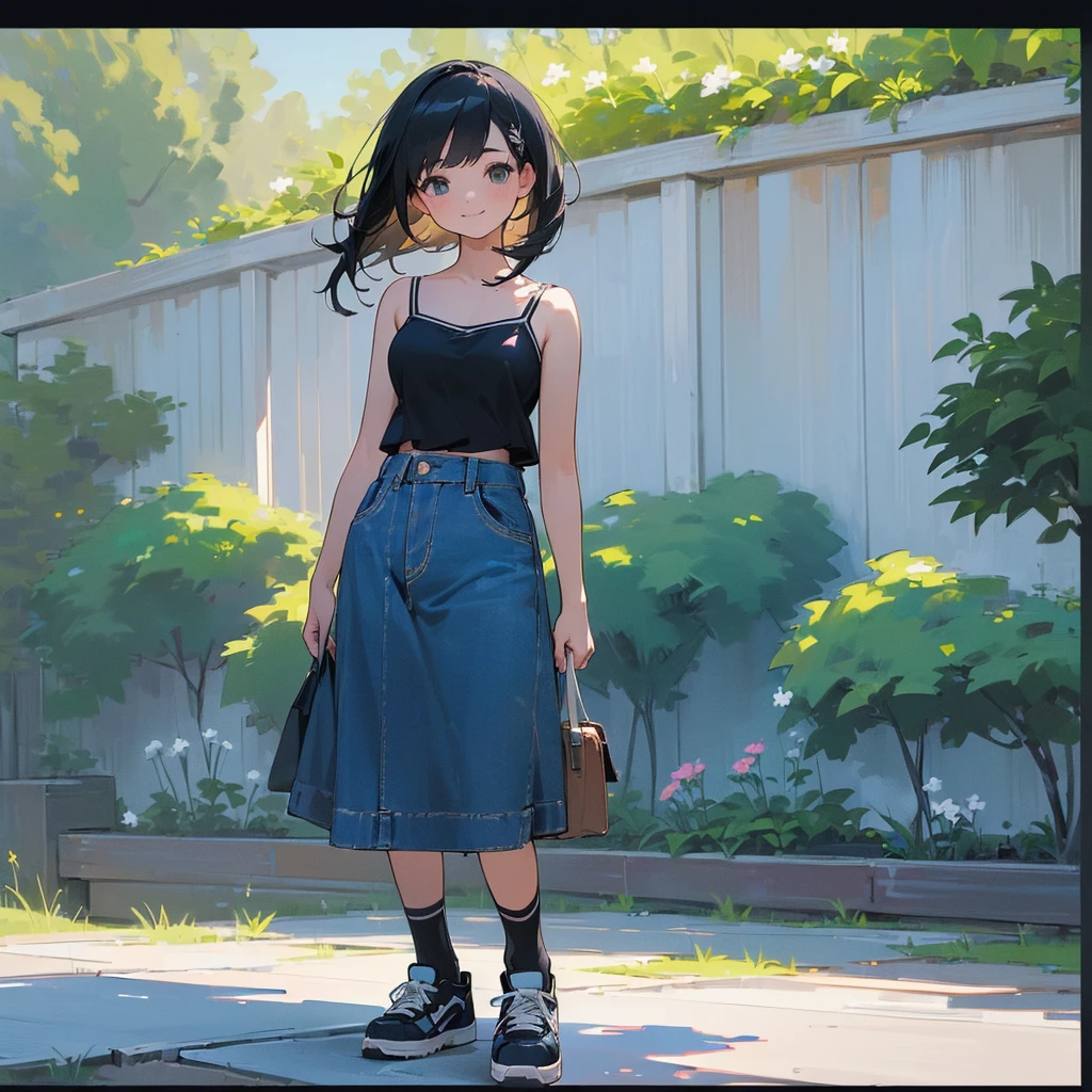 (high quality, High resolution, Very detailed, reality:1.37), Peaceful atmosphere, (Outdoor, garden), Teenage girl standing alone, (my breasts are big.), Beautiful details, Cute Smile, (Black bob hair), camisole, Denim skirt, Blue socks, sneakers.
