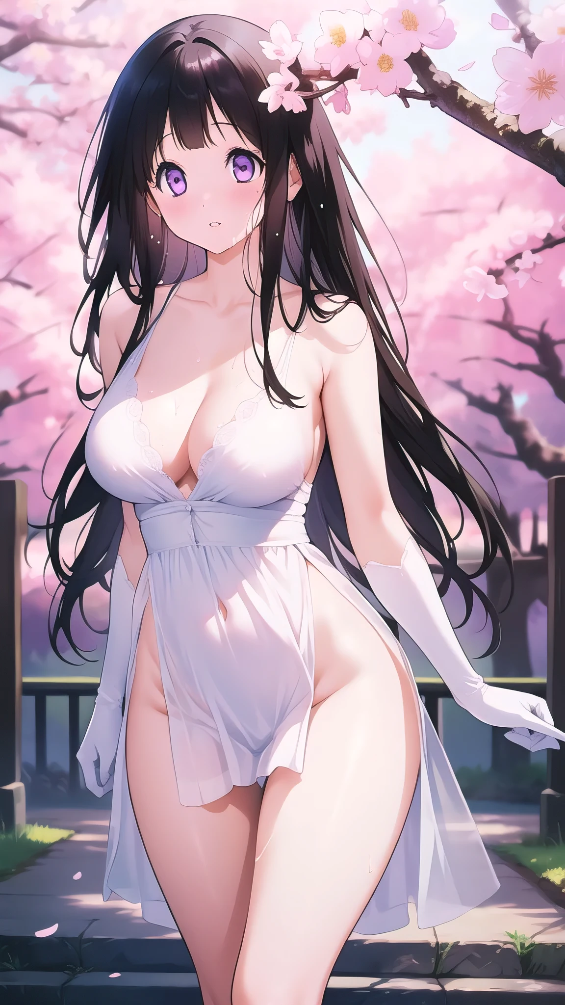 Amazing Chitanda, There is only one beautiful girl,Purple Eyes, Black Hair, Very red face,Very white skin,Glowing skin,Skin as delicate as porcelain,Naturally straight hair, Straight bangs,Extremely refined,Open lips,Long flowing hair,Beautiful Girl, Like a dream,Slim,Slim waist,soft, (sensuous), (Kawaii), Dream quality,Beautiful big breasts,Transparent loose school uniform,areola,Completely naked,Lower edge of breast,White gloves,Flower decoration,Deep V neckline,Loose neckline,Wide neckline,Walking in school,Place your hands on your inner thighs,Thighs clamp hands,Wet skin,Sweaty and sweaty,Sweating all over,Underwear Rain,Next to the cherry blossom trees,Back to,Lean over,Hips,Side body,Gluteal groove,Completely naked buttocks,Bare back,Completely naked back,Light transmission,(no pants),nopan,pussy juice,Bare shoulders,Bare neck,Exposed collarbone,Exposing breasts,Exposing breasts side,Exposing breasts,Show your waist,Show your buttocks,Show your thighs,Exposing the groin,(No pants),extremely shy,Ultra-high resolution, (masterpiece:1.2, best quality), (Delicate and beautiful eyes: 1.2), (Beautiful and delicate face)
