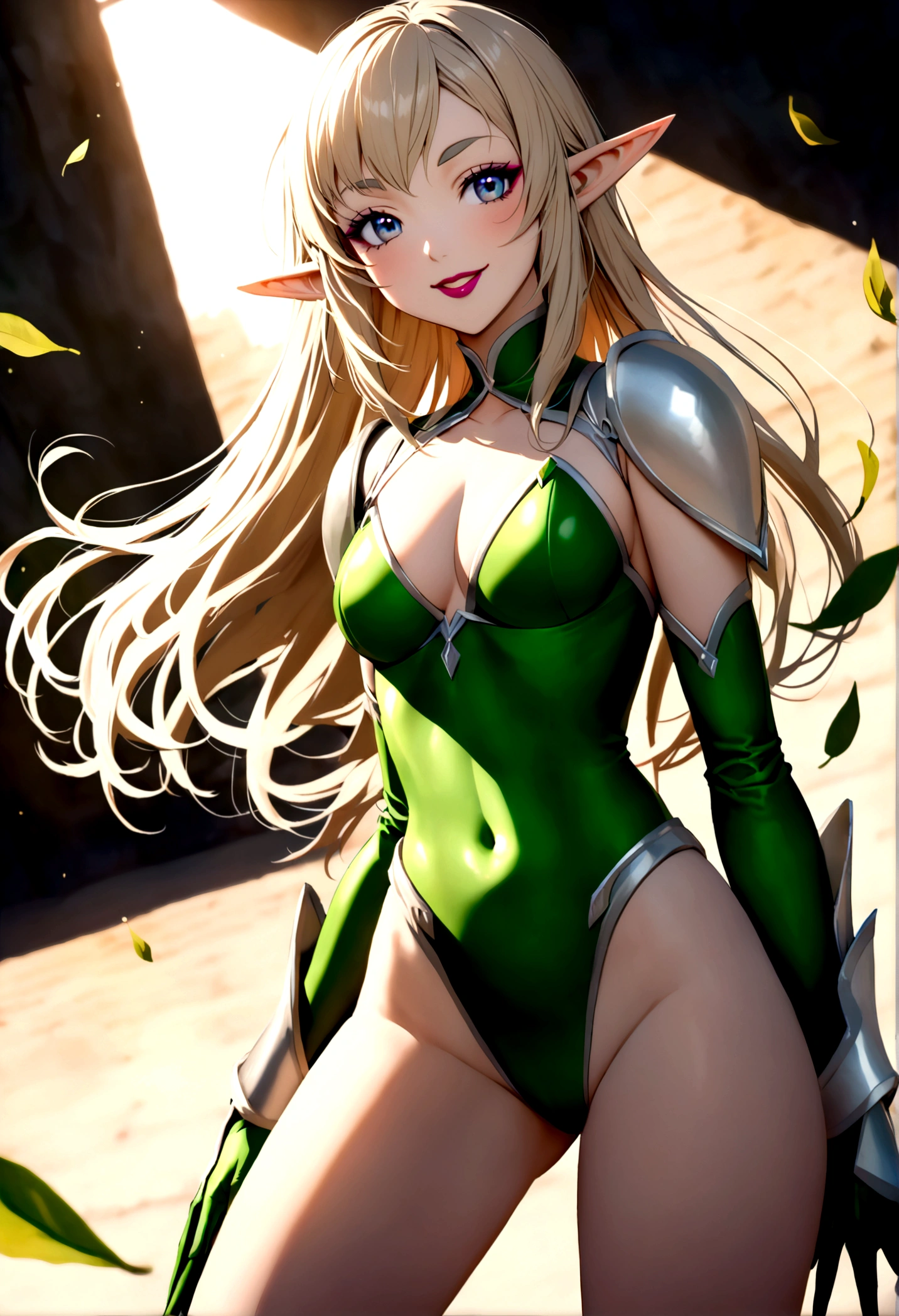 Create an image of the most stunningly gorgeous beautiful perfect sexy youthful wood elf, absolutely gorgeous face, long luscious eyelashes, black eyeliner, curved eyebrows, perfect makeup, lipstick, perfect complexion, beautiful silky smooth skin, long luscious platinum blonde hair, detailed sapphire eyes, beautiful hour glass body figure, smiling, sexy green leaf armor , full body view,