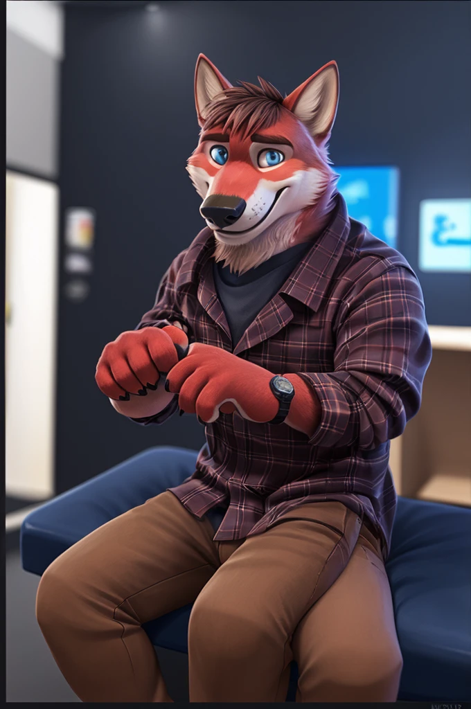 Ivan Fedorovich Wolfbach (Novosibirsk) ,tall handsome, wolf,young, 24 years, brown fur,Kind,(red body:1.3),beautiful blue eyes,Novosibirsk,dressed, plaid shirt, jeans,hair,bang,canine, wolf, detailed fur, male, second, paw pads, finger claws,At the viewer, 5 fingers, paws, 5 fingers, smile, wrist watch, т nextel,by xenoforge, (difficult, high detail, digital photography, soft focus, RAW,goes for a walk, ,Very close to the camera, variety,Novosibirsk, smile, good mood, positive, Very close to the camera, plaid shirt, At the hairdresser, without hair, covered, 
Photorealism, realistic, photorealistic, digital style, Subsurface scattering,I look at the viewer,is sitting, looks at the mirror, men's cosmetics, perfume perfumery, plaid shirt, cuts his hair, 
masterpiece, Best quality, ultra realistic, 8 thousand.)