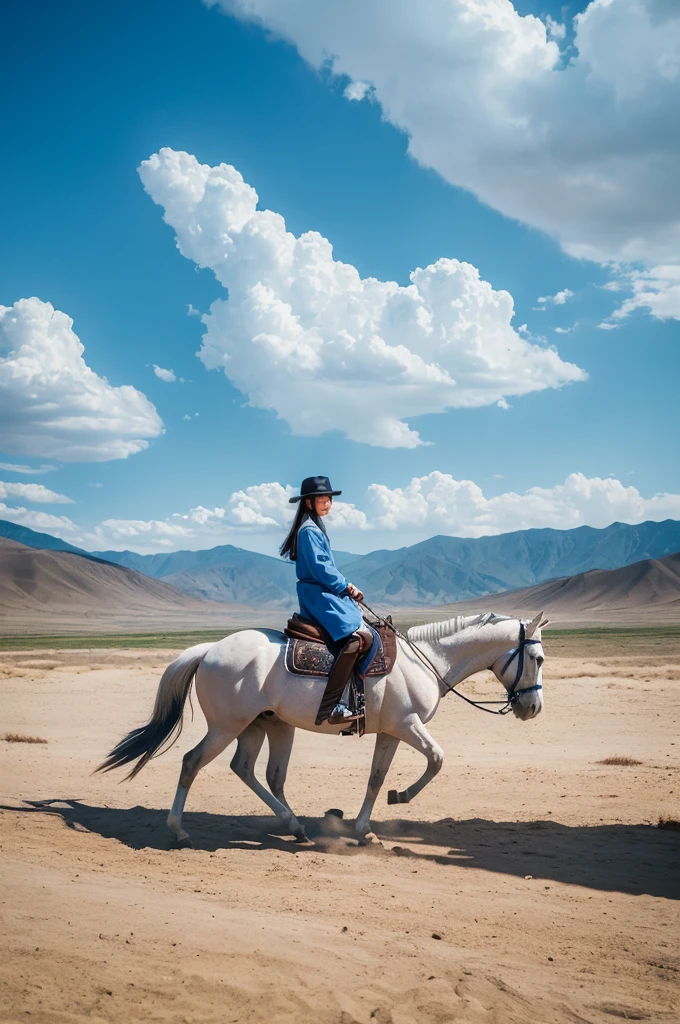(masterpiece, 最high quality, high quality, High resolution:1.4), detailed,Soft indirect lighting, 4K,blue sky,Mongolia,White horse and ,Anime Style