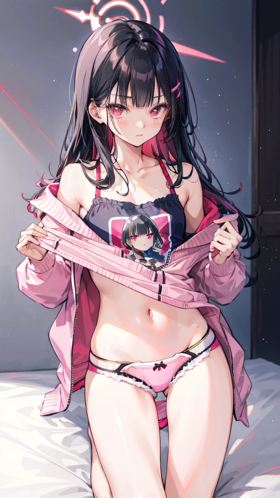 (whole body:1.2), (Young Girls),(((Love Hotels)))、Contempt、 、Red and black hoodie、1 Girl, Black Hair, long hair, Sleep, Light Particles, wallpaper, Extra short hot pants，A young girl lies flat on the bed in the bedroom, hugging her knees and showing a cute expression in the sun. Close-up，
slim body, perfect body, an anime printed super tight off shoulder long sleeve crop top, wearing super tight anime print micro shorts, a super aesthetic  mini jacket, beautiful hair ornament, pink jordan tennis, being photographed in a mall shop,( ,  micro shorts, showing neon pink , showing : 1.5)，1 Girl, Black Hair, long hair, Sleep, Light Particles, wallpaper, Extra short hot pants， best quality， 1 sister， solo， blouse， Denim short, clear and beautiful face、(Cute illustrations:1.2), High resolution, Extremely detailed, 