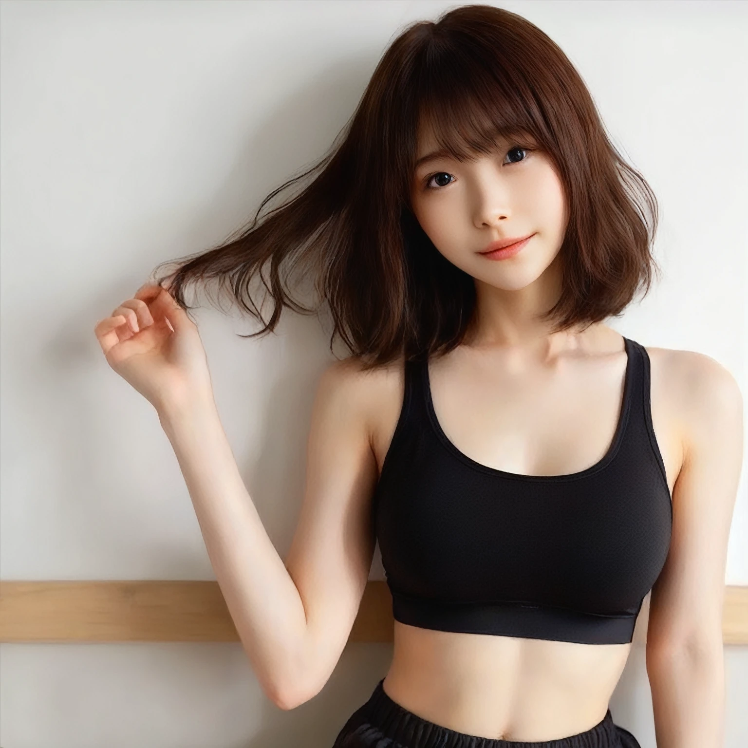 japanese girl, sitting with cross-legged on the sofa in a bright room, (wearing a black sports bra and matching shorts:2),(photoshoot style, shooting from front, upper knee statue, body facing forward), 26 years old, (toned body type:1.2, tall height 5.35 feet), (small breast :1.2, hemispherical udder silhouette:1.2), little smiling, perorbital swelling, brown fluffy and wavy short-cut hair, natural bangs, detailed brown eyes, detailed finger, suppin, no make, (photorealsitic:1.4), (high-resolution details of human skin texture:1.2, rough skin:1.2, Uneven skin tone:1.6, skin texture must be natural:1.1), top-quality, masterpiece, high resolution, raw photo, natural soft light, professional lighting