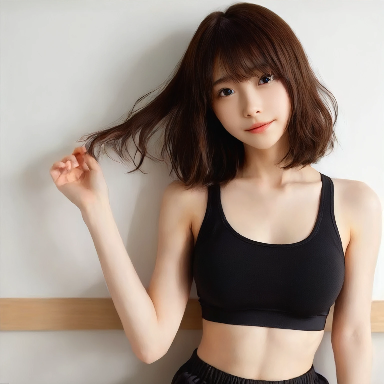 japanese girl, sitting with cross-legged on the sofa in a bright room, (wearing a black sports bra and matching shorts:2),(photoshoot style, shooting from front, upper knee statue, body facing forward), 26 years old, (toned body type:1.2, tall height 5.35 feet), (small breast :1.2, hemispherical udder silhouette:1.2), little smiling, perorbital swelling, brown fluffy and wavy short-cut hair, natural bangs, detailed brown eyes, detailed finger, suppin, no make, (photorealsitic:1.4), (high-resolution details of human skin texture:1.2, rough skin:1.2, Uneven skin tone:1.6, skin texture must be natural:1.1), top-quality, ​masterpiece, high resolution, raw photo, natural soft light, professional lighting