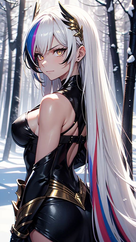 A young demigoddess of destruction, long white hair with rainbow highlights, golden eyes, arrogant smile, armored dress, battle dress, snowy forest, a large single black wing sprouting from her back, battle spear in her hand, slightly narrowing eyes, arrogant expression, tanned skin visible, rainbow hair strands, facing the camera, hair over one side