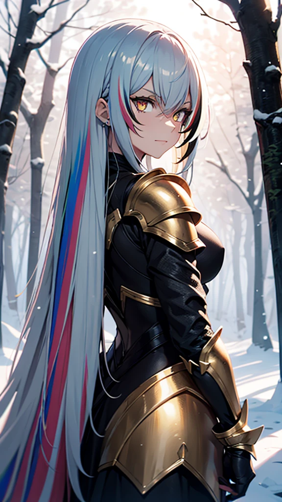 A young demigoddess of destruction, long white hair with rainbow highlights, golden eyes, arrogant smile, armored dress, battle dress, snowy forest, a large single black wing sprouting from her back, battle spear in her hand, slightly narrowing eyes, arrogant expression, tanned skin visible, rainbow hair strands, facing the camera, hair over one side