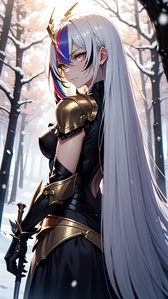 A young demigoddess of destruction, long white hair with rainbow highlights, golden eyes, arrogant smile, armored dress, battle dress, snowy forest, a large single black wing sprouting from her back, battle spear in her hand, slightly narrowing eyes, arrogant expression, tanned skin visible, rainbow hair strands, facing the camera, hair over one side