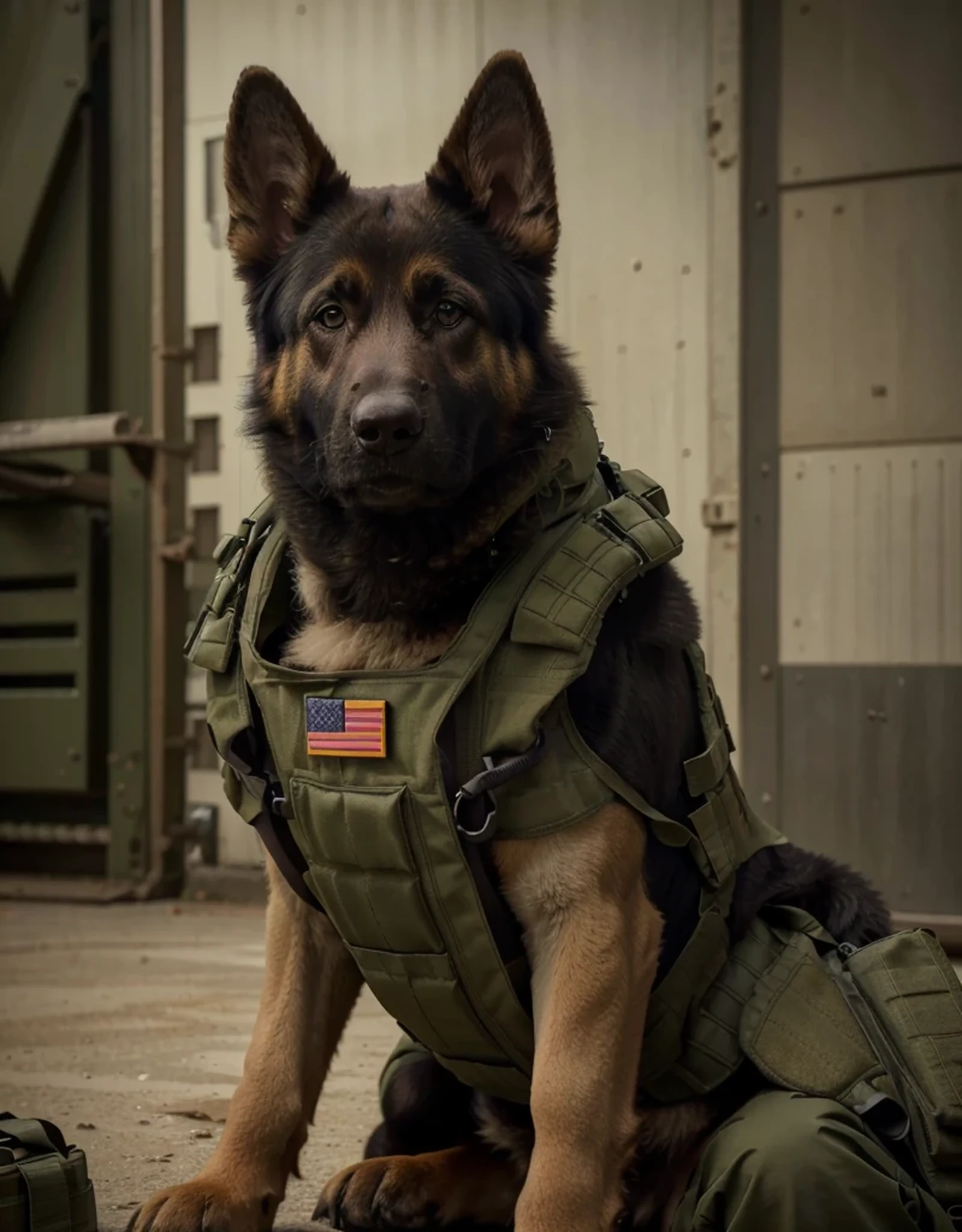beautiful German shepherd dog, wearing an olive green bulletproof vest, is outside a US military base, dark colors, Ultra detailed, Hyper realistic, 4k, Ultra detailed image, realistic, Highly detailed, perfect composition, beautiful intricately detailed incredibly detailed, 8K fine art photography, hyper detailed, Masterpiece