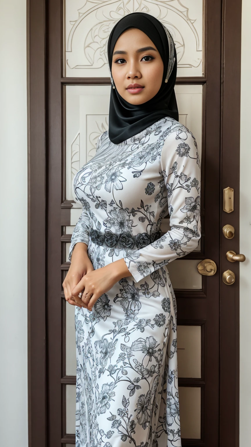 Wide shot of (abbie_cornish:0.6) indonesian girl wearing a hijab, casual shirt, casual dress, long skirt, sandals, in a kitchen,face incredibly detailed, lips, realistic skin, solo,medium breasts,skin tight, puffy ,facial, masterpiece,best quality, Intricate, High Detail, dramatic, front view, wide view,RAW, Best quality, high resolution, masterpiece: 1.3), beautiful Indonesian woman in hijab, perfect hijab, Masterpiece, perfect fit body, big breast,big gorgeous eyes, Soft smile,beautiful face,thick thighs, woman in a black and white floral dress standing in front of a green door, modest flowing gown, beautiful soft silky dress, beautiful silky dress, beautiful detailed dress, stylish dress, swirly flower dress, wearing a long flowery dress, full covered dress, delicate patterned, long dress female, frock, flowery dress, baroque dress, lady with glowing flowers dress , (Delicate turtleneck) , Excellent lighting, Bright colors, Clean lines,
