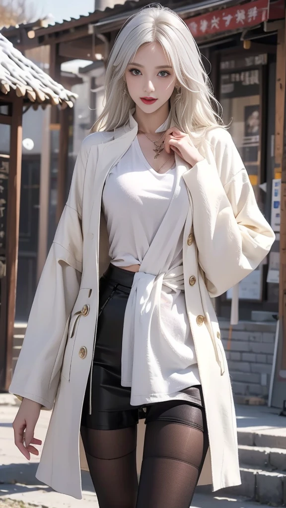 wide pelvis, Creamy smooth skin, (Masterpiece, best quality, high resolution, Extremely detailed, Detailed background, Delicate eyes, Beautiful face:1.2), 1girl , Solitary, White hair, Short straight hair, Bangs, Gray eyes, flat , Willow Waist, Pale skin, , outdoor, street, winter, snow, , winter uniform, white winter coat, White scarf, bag, Black Legwear, Pantyhose, open mouth, Smile, Happy, View Viewer, Cowboy shooting,