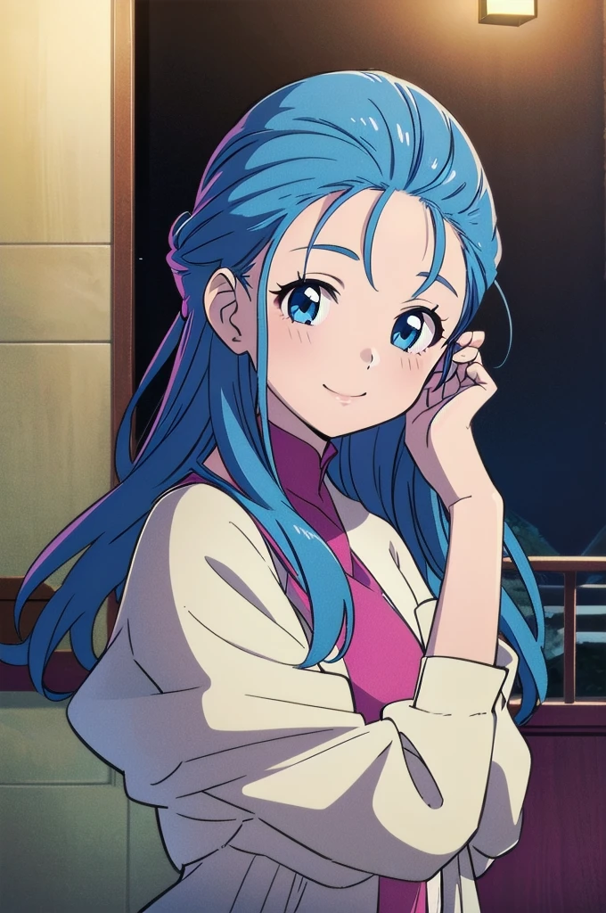 Blue ,、kirt fully visible、 fully visible ,,flora \(dq5\),Long hair,half updo,white thighhig,1girl in, 独奏, Upper body, face to the viewer, Looking at Viewer, Smile,nighttime scene