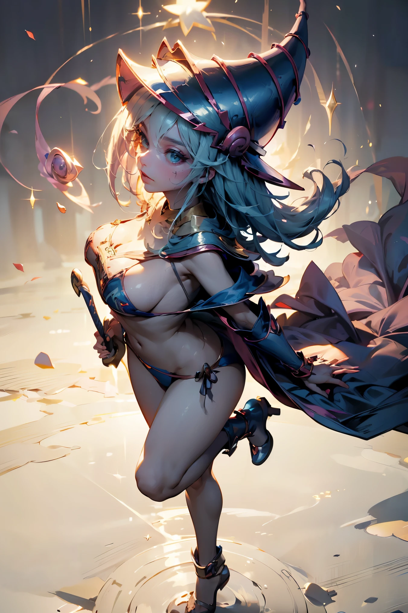 (Masterpiece:1.2), (The best quality:1.2), perfect lighting, Dark Magician Girl casting a spell, floating in the air, big tits, neckline, magic background. Transparent hearts in the air, blue robe, big hat, From above, sparkles, Yugioh Card in the background. In heels and a bikini