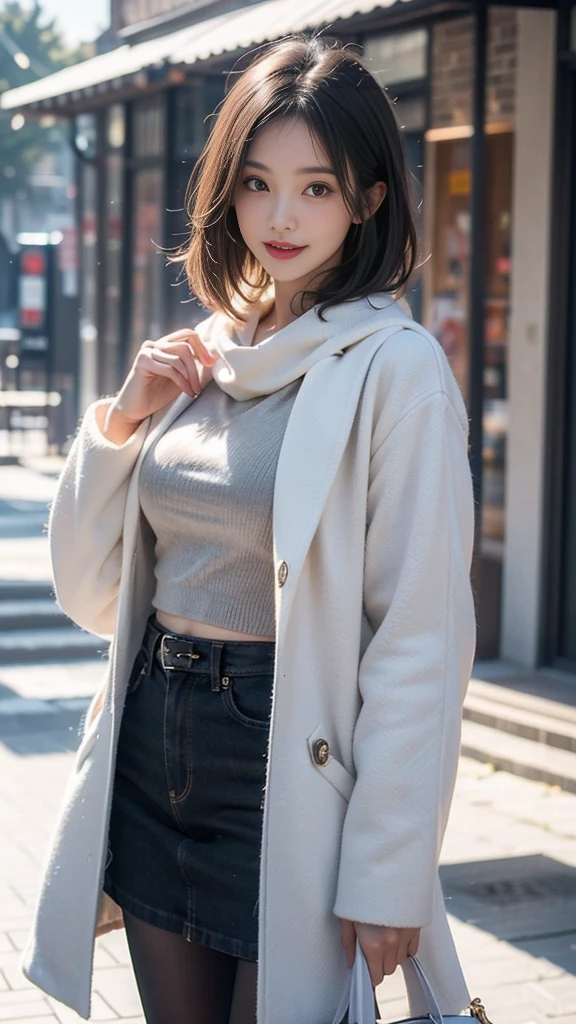 wide pelvis, Creamy smooth skin, (Masterpiece, best quality, high resolution, Extremely detailed, Detailed background, Delicate eyes, Beautiful face:1.2), 1girl huge breasts, Solitary, White hair, Short straight hair, Bangs, Gray eyes, flat chest, Willow Waist, Pale skin, , outdoor, street, winter, snow, , winter uniform, white winter coat, White scarf, bag, Black Legwear, Pantyhose, open mouth, Smile, Happy, View Viewer, Cowboy shooting,