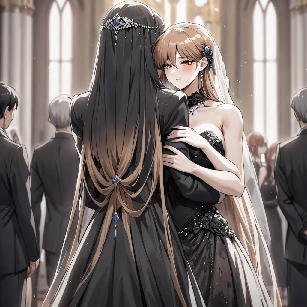 ((Highest quality)), ((masterpiece)), (detailed), (Perfect Face)、The woman is Princess Leona, with long light brown hair and a gorgeous, sexy and seductive black wedding dress with a gorgeous black wedding veil and gorgeous jewelry accessories.、In a luxurious church wedding hall, a woman is getting married, embracing the arm of a dignified and powerful middle-aged evil emperor dressed in a luxurious black outfit.、The woman has long hair