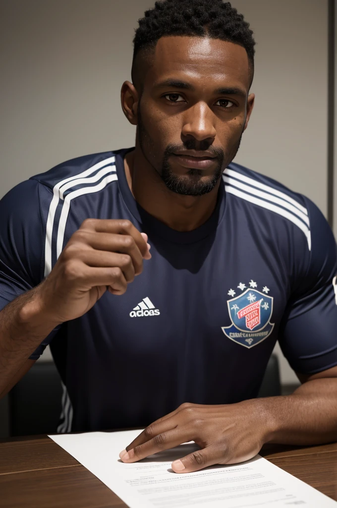one  men,football player, dark-skinned,35 year old, signing a contract with ajax fc
