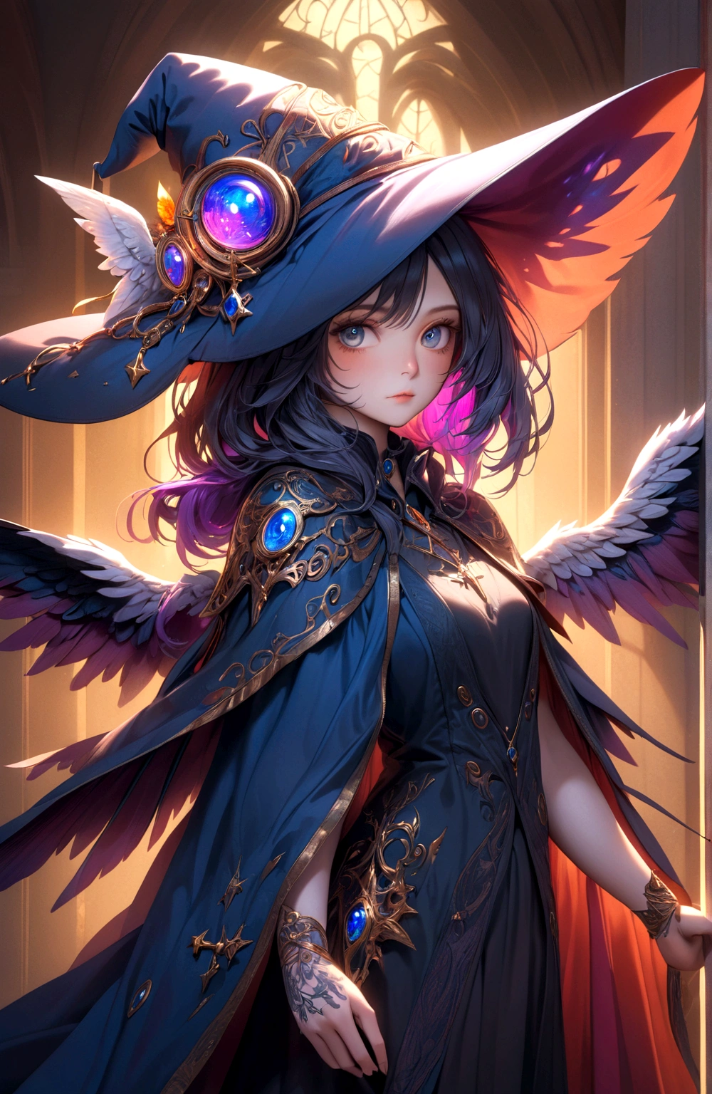 a beautiful woman with a witch's hat, angel wings, detailed face, beautiful detailed eyes, high quality, detailed skin, detailed clothing, ethereal, fantasy, digital art, cinematic lighting, dramatic shadows, dramatic lighting, vibrant colors, rich colors, intricate details, masterpiece, photorealistic, 8k