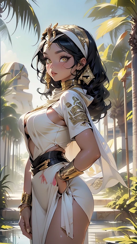 queen panther girl from ancient Egypt,
(((panther woman,anthro furry cute,panther female warrior,panther-girl))),(((tail,panther tail,panther ears,thin panther tail,panther ears on head,big panther ears))),(large breasts:1.4,saggy breasts),((black hair:1.4,straight hair,long hair:1.4,colored inner hair)),(((red_eyes:1.3))),intricate eyes,beautiful detailed eyes,symmetrical eyes,((((lustrous skin:1.5,tanned skin,bright skin: 1.5,skin tanned,shiny skin,very shiny skin,shiny body)))),(spider lower abdomen,narrow waist,wide hip,athletic body,inflated legs,thick thighs),(((detailed face))),beautiful detailed lips,
slutty,sensual,seductive look,seductive,((erotic)),opulent,(((nsfw))),
(((huge cleavage))),revealing clothes,show skin,((underboob)),(barefoot,),Egyptian adornments,(((yellow veil))),desert warrior with little clothing,((tiny loincloth)),Egyptian tattoo,arms covered in Egyptian adornments,shoulder pad,(((nemes with that of the sphinx))),include hieroglyphics in clothing,((clothing in yellow and orange and white colors)),((Egyptian designs on the arms)),(((yellow theme clothes,Transparent cloth:1.1,wet clothes,intricate outfit,embroidered outfit,ornate outfit,intricate clothes,embroidered clothes,ornate clothes))),
dynamic pose,looking at viewer,(smirk,beautiful smile),centered,scale to fit dimensions,Rule of thirds,
outdoors,(oasis,oasis background),extremely scenery,clouds,Egyptian style,lily pads,palms,reeds,(sunset, golden hour),scenery:1.25,((intricate scenery)),((pillars background,underground palace,egyptian palace background,pyramids in the background))
(Glossy egyptian ornaments),highres,sharp focus,(ultra detailed,extremely detailed),(photorealistic artwork:1.37),(extremely detailed CG unity 8k wallpaper),(((vibrant colors,vibrant theme))),(intricate),(masterpiece),(best quality),artistic photography,(photography taken by sldr),(intricate background),perfect rendered face,perfect face details,realistic face,photo realistic,((intricate detail)),(