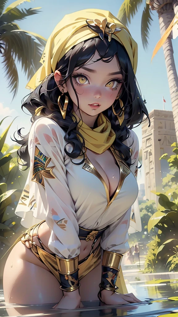 girl from ancient Egypt,1girl,
(large breasts:1.4),saggy breasts,((((straight hair, hair long,black hair:1.5,colored inner hair)))),(((yellow_eyes:1.3))),intricate eyes,beautiful detailed eyes,symmetrical eyes,big eyes:1.2,((((lustrous skin:1.5,tanned skin,bright skin: 1.5,skin tanned,shiny skin,very shiny skin,shiny body)))),(spider lower abdomen,narrow waist,wide hip,athletic body,inflated legs,thick thighs),(((detailed face))),beautiful detailed lips,
cute,slutty,sensual,seductive,((erotic)),opulent,sumptuous,((nsfw)),
zettai ryouiki,revealing clothing,show skin,((silky golden skin)), fleshy lips, (((Egyptian headscarf:1.5))),jewelry and bracelets, with a gold and white plunging Egyptian garb,black canvas,(((barefoot))),egyptian outfit,((eyeshadow, egyptian makeup,eyelid makeup)),((((ceremonial gold paint all over the body)))),(((Transparent cloth:1.1,wet clothes,intricate outfit,embroidered outfit,ornate outfit,embroidered clothes,ornate clothes))),
dynamic and seductive pose,looking at viewer,embarrassed,centered,scale to fit dimensions,Rule of thirds,
outdoors,(egyptian palace,egyptian palace background,pyramids in the background),scenery,(oasis,oasis background),extremely scenery,(puddles everywhere,moss,moss on the background),clouds,Egypt style,Egypt castle,lily pads,palms,reeds,(sunset, golden hour),
(Glossy Egyptian ornaments),highres,sharp focus,(ultra detailed,extremely detailed),(photorealistic artwork:1.37),(extremely detailed CG unity 8k wallpaper),(((vibrant colors,vibrant theme))),(intricate),(masterpiece),(best quality),artistic photography,(photography taken by sldr),(intricate background),perfect rendered face,perfect face details,realistic face,photo realistic,((intricate detail)),(((realism))),