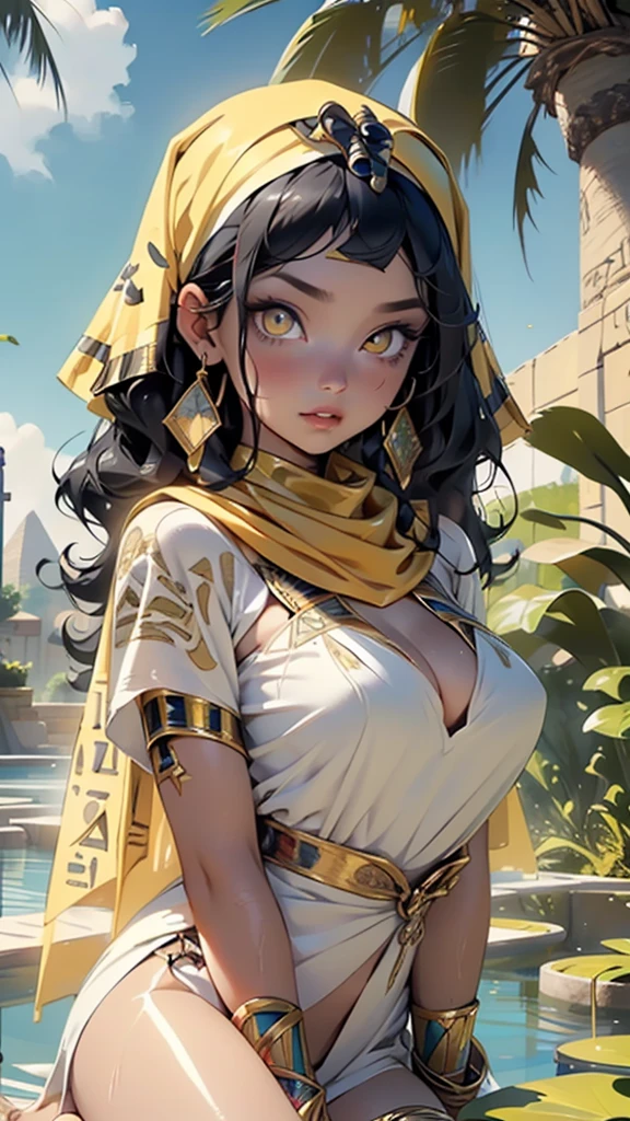 girl from ancient Egypt,1girl,

(large breasts:1.4),saggy breasts,((((straight hair, hair long,black hair:1.5,colored inner hair)))),(((yellow_eyes:1.3))),intricate eyes,beautiful detailed eyes,symmetrical eyes,big eyes:1.2,((((lustrous skin:1.5,tanned skin,bright skin: 1.5,skin tanned,shiny skin,very shiny skin,shiny body)))),(spider lower abdomen,narrow waist,wide hip,athletic body,inflated legs,thick thighs),(((detailed face))),beautiful detailed lips,

cute,slutty,sensual,seductive,((erotic)),opulent,sumptuous,((nsfw)),

zettai ryouiki,revealing clothing,show skin,((silky golden skin)), fleshy lips, (((Egyptian headscarf:1.5))),jewelry and bracelets, with a gold and white plunging Egyptian garb,black canvas,(((barefoot))),egyptian outfit,((eyeshadow, egyptian makeup,eyelid makeup)),((((ceremonial gold paint all over the body)))),(((Transparent cloth:1.1,wet clothes,intricate outfit,embroidered outfit,ornate outfit,embroidered clothes,ornate clothes))),

dynamic and seductive pose,looking at viewer,embarrassed,centered,scale to fit dimensions,Rule of thirds,

outdoors,(egyptian palace,egyptian palace background,pyramids in the background),scenery,(oasis,oasis background),extremely scenery,(puddles everywhere,moss,moss on the background),clouds,Egypt style,Egypt castle,lily pads,palms,reeds,(sunset, golden hour),

(Glossy Egyptian ornaments),highres,sharp focus,(ultra detailed,extremely detailed),(photorealistic artwork:1.37),(extremely detailed CG unity 8k wallpaper),(((vibrant colors,vibrant theme))),(intricate),(masterpiece),(best quality),artistic photography,(photography taken by sldr),(intricate background),perfect rendered face,perfect face details,realistic face,photo realistic,((intricate detail)),(((realism))),
